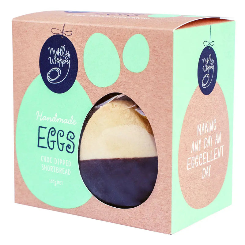 Molly Woppy handmade eggs product in a pink and green box with a window