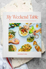 Book titled 'My Weekend Table' by Gretchen Lowe on a textured surface