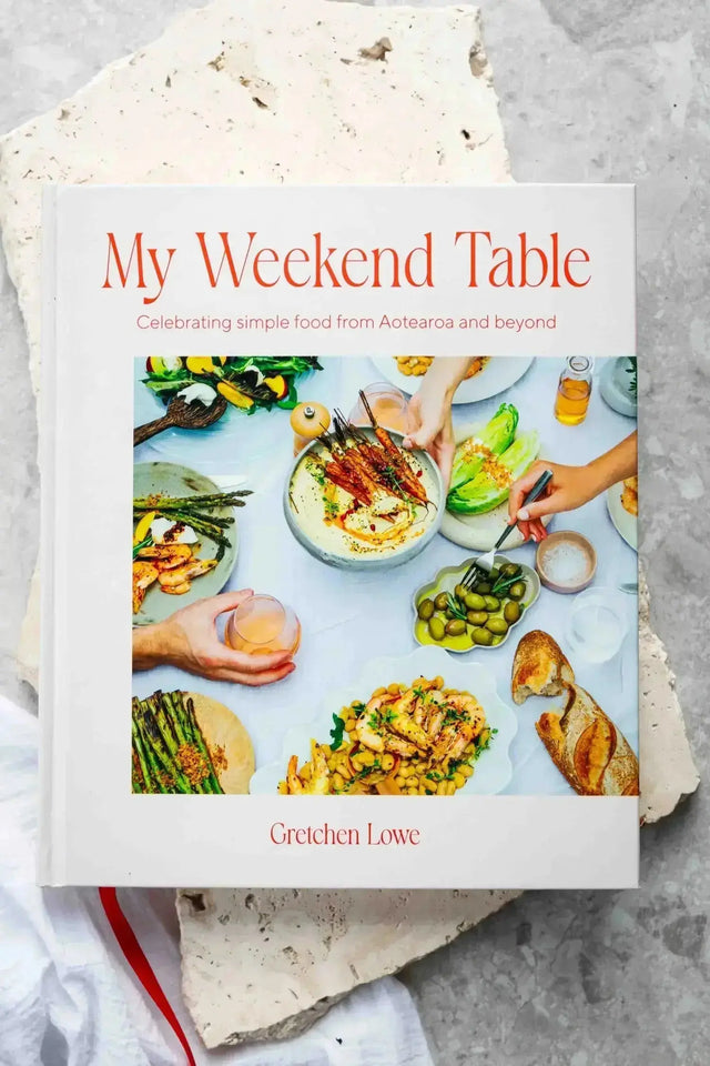 Book titled 'My Weekend Table' by Gretchen Lowe on a textured surface